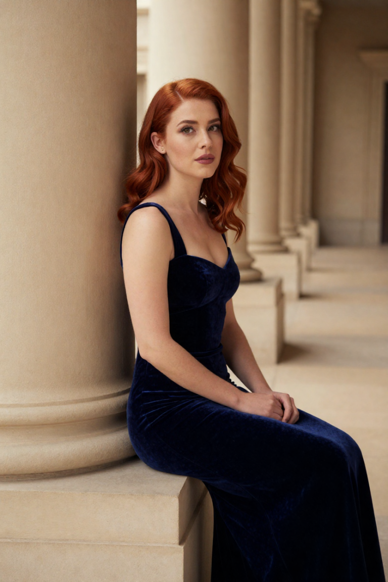 Fictional 29-year-old muse in a midnight-blue velvet dress seated on a column base in the Colonnade